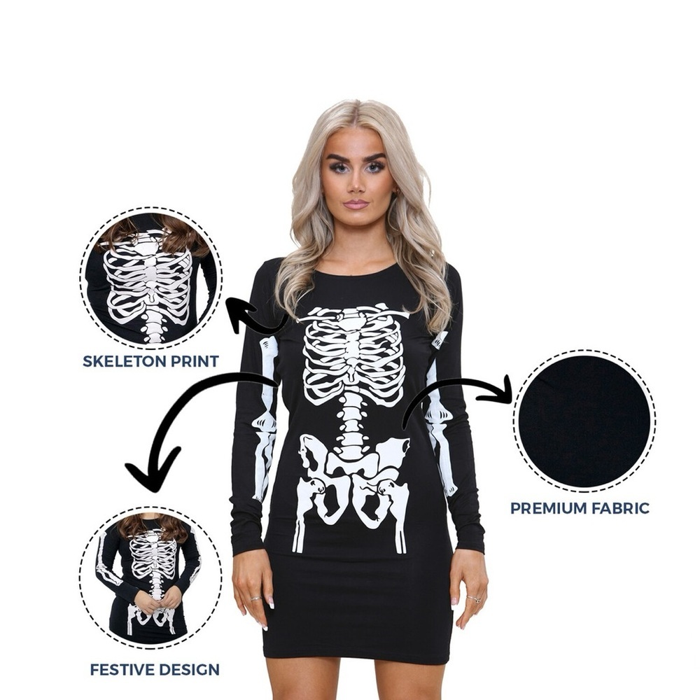 Women Ladies Halloween Skeleton Bone Heart Bodycon‎ Costume Tunic Mini Dress